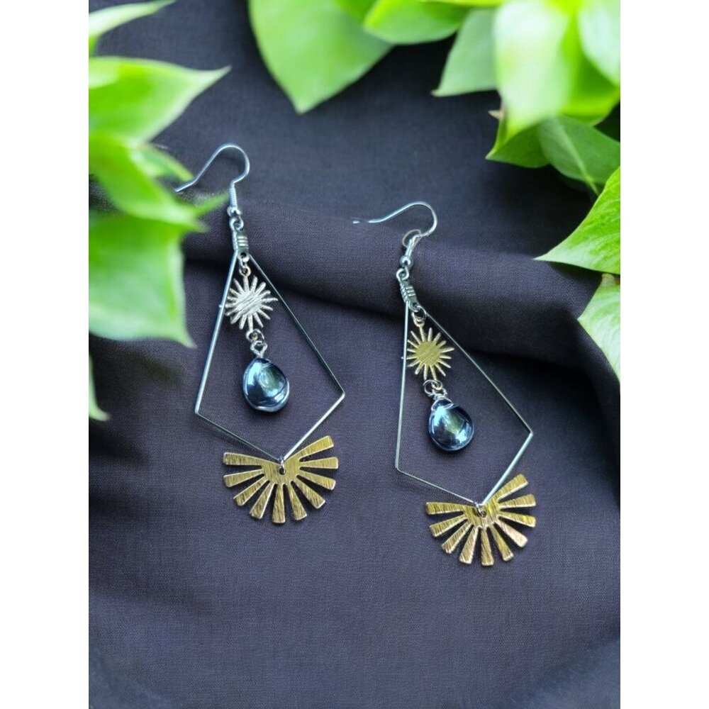 Geometric Boho Dangling Earrings with Blue Crystal Teardrops Sun & Star Charms